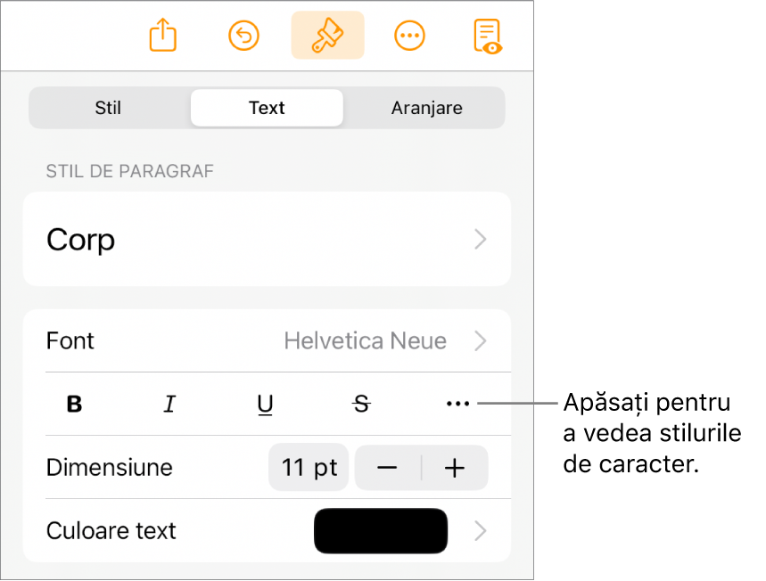 Comenzile Format cu stilurile de paragraf în partea de sus, apoi comenzile Font. Sub Font se află butoanele Aldin, Cursiv, Subliniat, Tăiat cu o linie și Alte opțiuni de text.