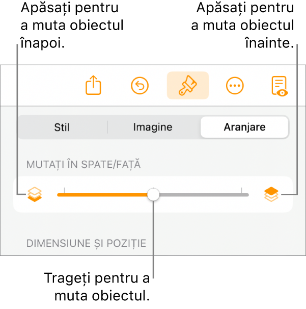Butonul Deplasare înapoi, butonul Deplasare înainte și glisorul pentru straturi.