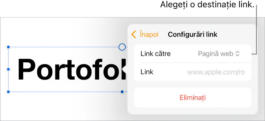 Comenzile Configurări link cu opțiunea Pagină web selectată și butonul Eliminați în partea de jos.