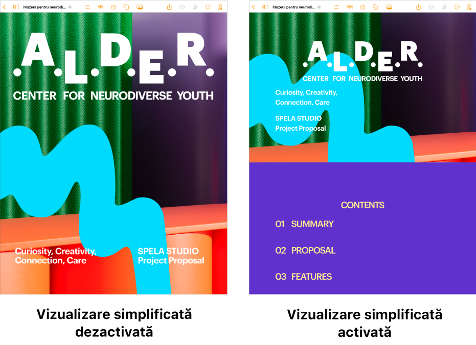 Două vizualizări ale aceluiași document Pages: una cu vizualizarea simplificată activată și cealaltă cu vizualizarea simplificată dezactivată. În versiunea cu vizualizarea simplificată activată, dimensiunea textului este ajustată pentru ecran și întreruperile de pagină și anteturile sunt ascunse.