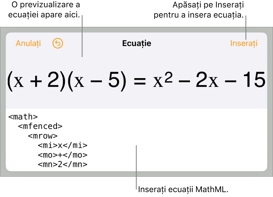 Caseta de dialog Ecuație, afișând o ecuație scrisă cu ajutorul comenzilor MathML și, deasupra, o previzualizare a formulei.