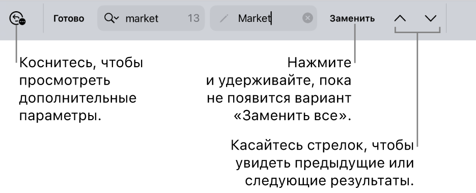 Элементы управления параметром «Найти и заменить» над клавиатурой. Выноски указывают на кнопки «Параметры поиска», «Заменить», «Перейти вверх» и «Перейти вниз».