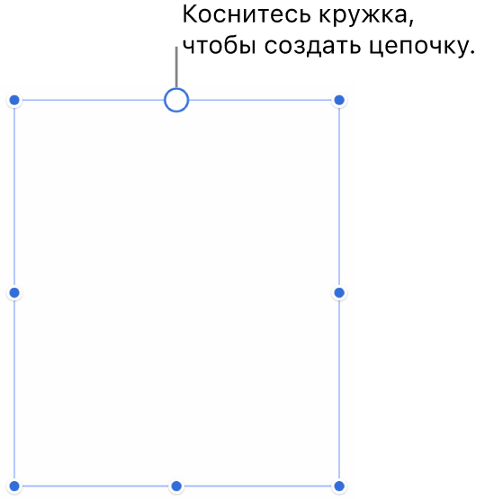 Пустой текстовый блок с белых кружком вверху и манипуляторами изменения размера на углах, сторонах и внизу.
