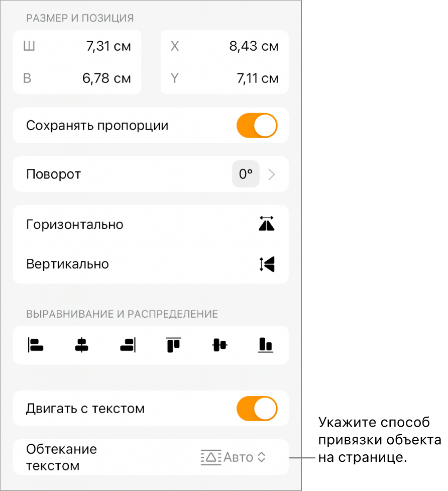 Элементы управления форматированием. Выбрана вкладка «Расстановка» с вариантами «Поместить на задний или передний план», «Двигать с текстом» и «Обтекание текстом».