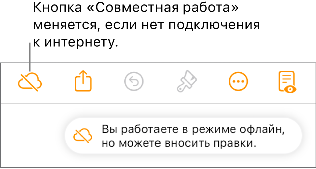 На экране отображается предупреждение: «Вы работаете в режиме офлайн, но можете вносить правки».