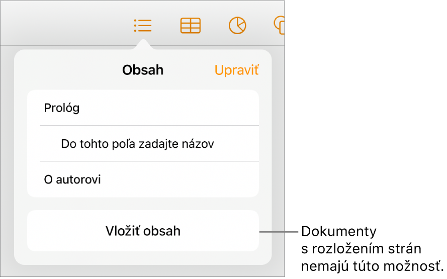 Zobrazenie obsahu s tlačidlom Upraviť v pravom hornom rohu, položkami obsahu a tlačidlom Vložiť obsah v dolnej časti.