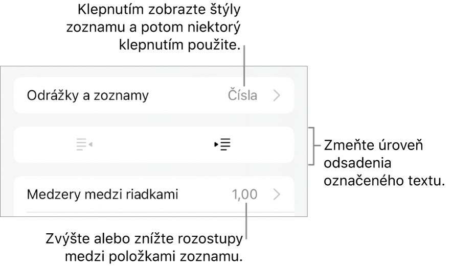 Sekcia Odrážky a zoznamy ovládacích prvkov Formát s bublinami popisujúcimi položku Odrážky a zoznamy, tlačidlami odsadenia a ovládacími prvkami na nastavenie medzery medzi riadkami.