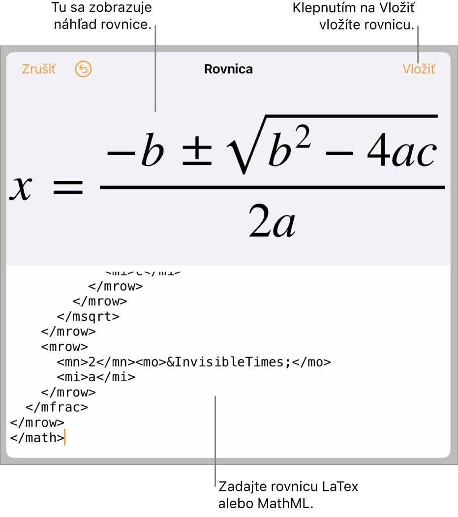 Dialógové okno Rovnica zobrazujúce rovnicu napísanú pomocou príkazov MathML, vyššie sa nachádza náhľad vzorca.