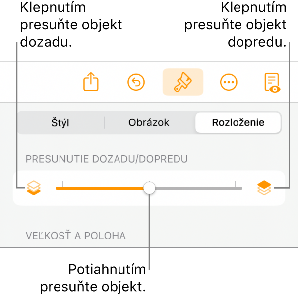 Tlačidlo Presunúť dozadu, tlačidlo Presunúť dopredu a posuvník vrstiev.