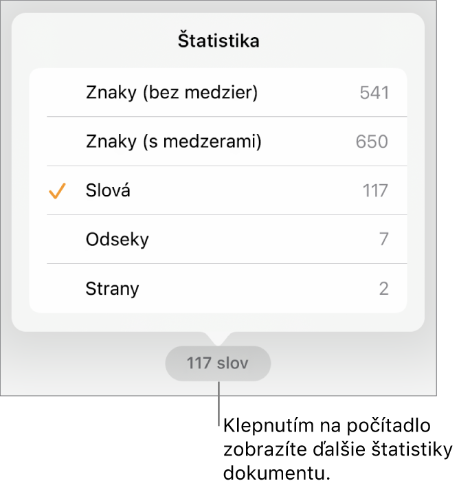 Počítadlo slov s menu ukazujúcim možnosti na zobrazenie počtu znakov s medzerami a bez medzier, počtu odsekov a počtu strán.