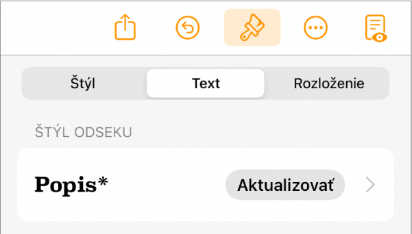 Štýl odseku v tele s hviezdičku a tlačidlom Aktualizovať napravo.
