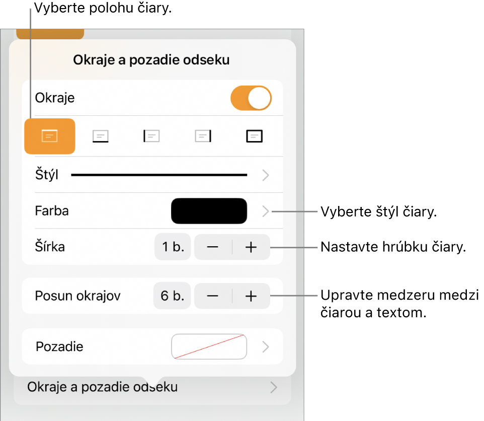 Ovládacie prvky na zmenu štýlu, hrúbky, polohy a farby čiary.