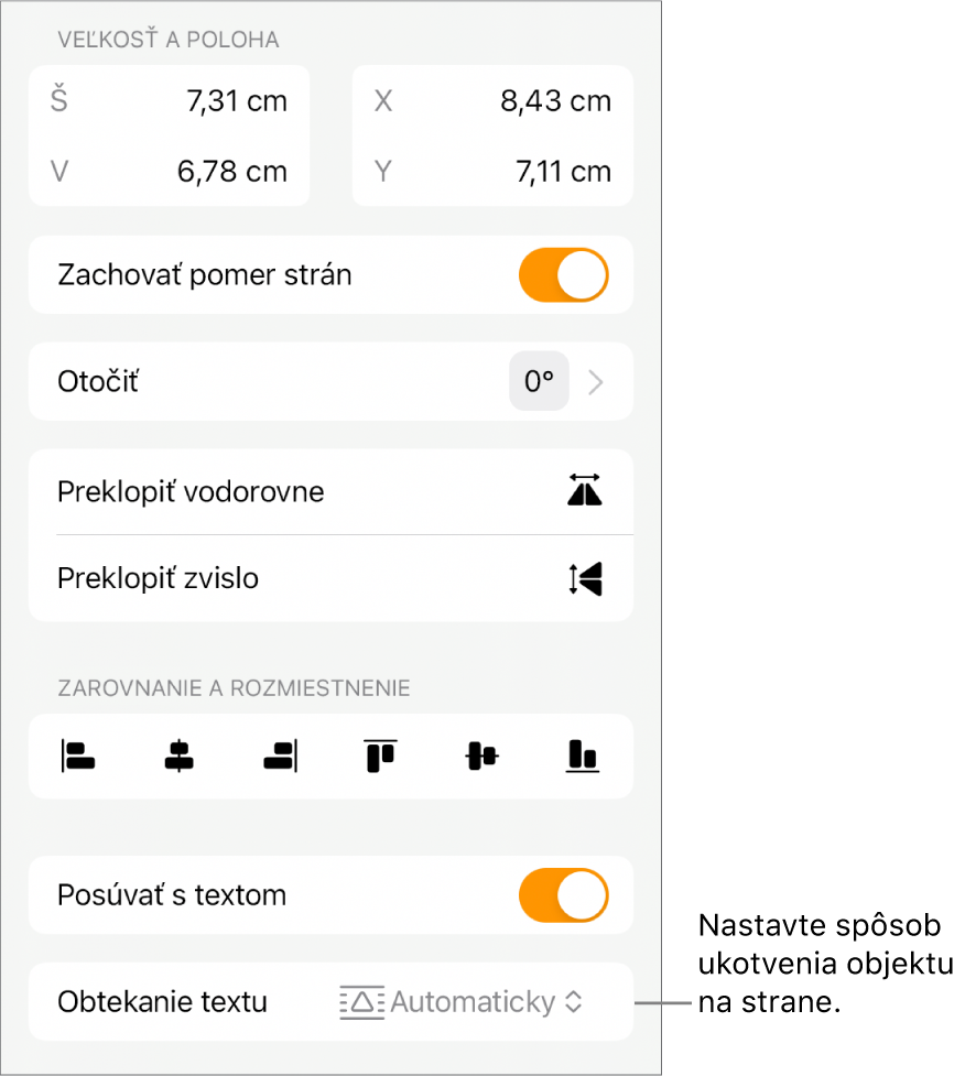 Ovládacie prvky Formát s označenou záložkou Rozloženie a ovládacími prvkami Presunutie dozadu/dopredu, Posúvať s textom a Obtekanie textu.