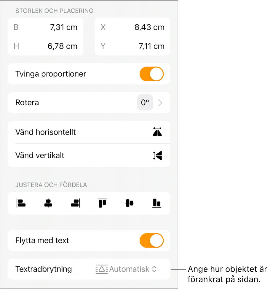 Formatreglagen med fliken Ordna vald och reglage för Lägg nederst/överst, Flytta med text och Textradbrytning.