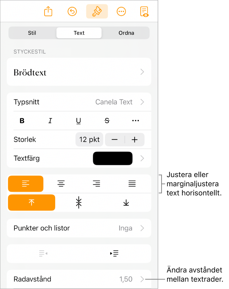 Knappen för formatreglage med fliken Text vald och linjer som pekar på knapparna för textjustering och menyobjektet Radavstånd.
