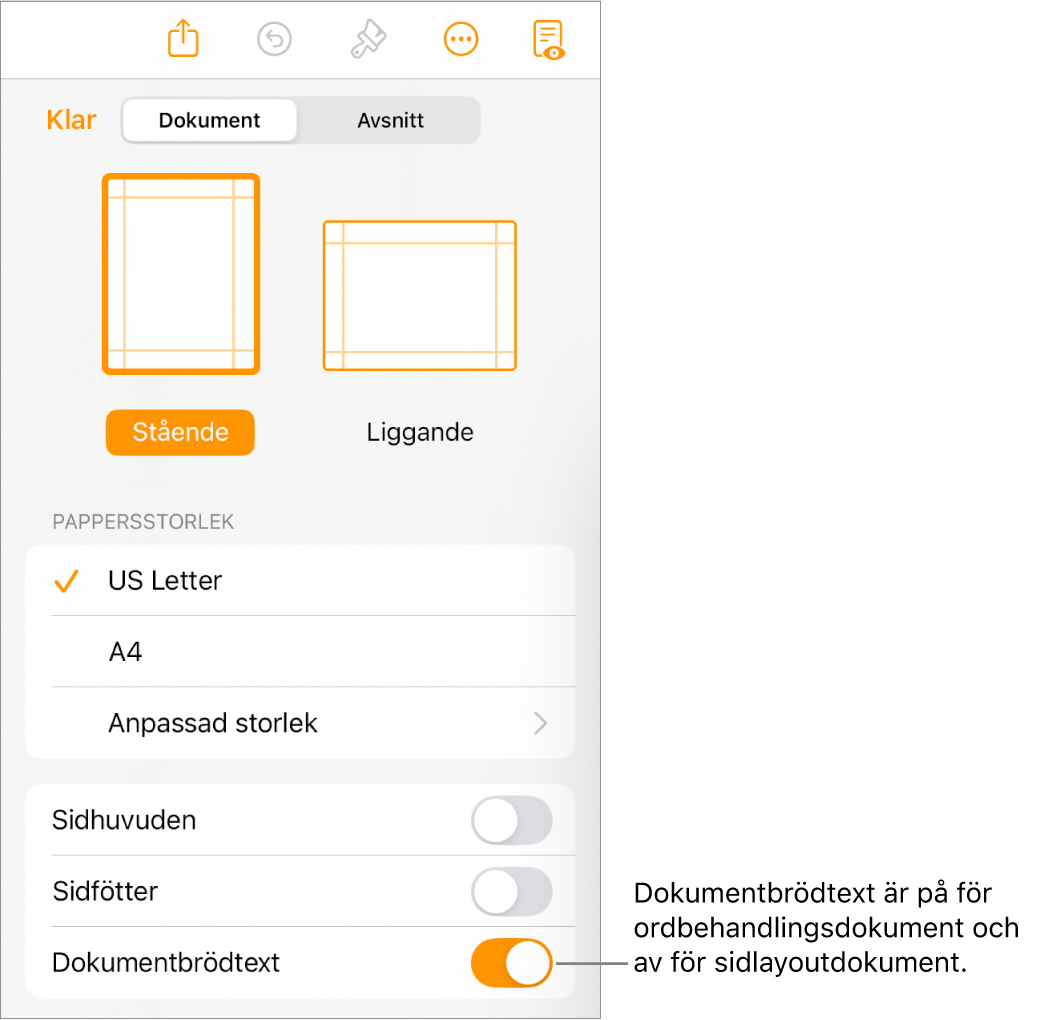 Dokumentformatreglagen med Dokumentbrödtext påslaget nära nederkanten av skärmen.