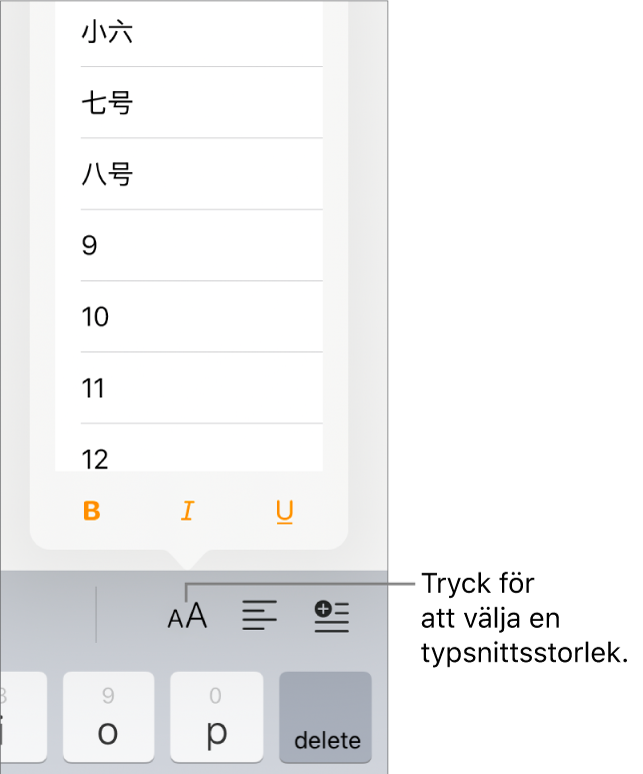 Knappen för typsnittsstorlek till höger om iPad-tangentbordet och menyn för typsnittsstorlek öppen. De myndighetsstandardiserade typsnittsstorlekarna för fastlandskina visas högst upp i menyn och punktstorlekarna under dem.