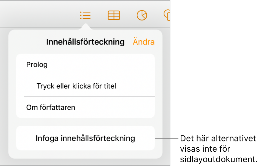 Innehållsförteckningsvyn med Ändra i det övre högra hörnet, innehållsförteckningsposter och knappen Infoga innehållsförteckning längst ned.