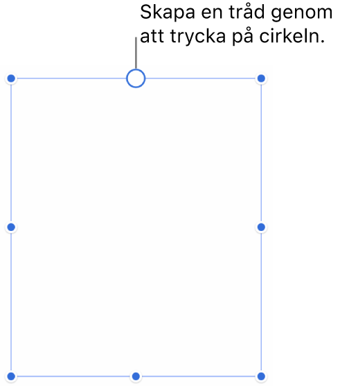 En tom textruta med en vit cirkel överst och handtag för storleksändring i hörnen, på sidorna och på nederkanten.