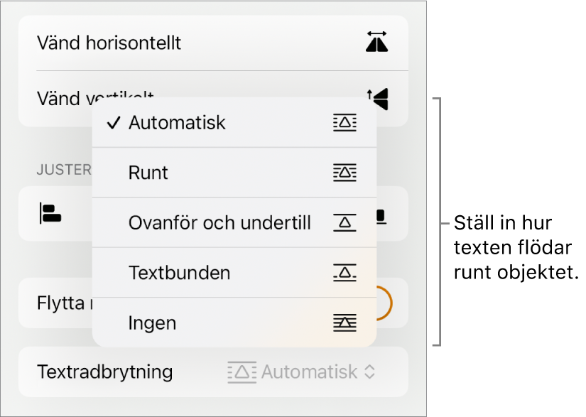 Formatreglagen med fliken Ordna vald. Nedanför finns textradbrytningsreglagen med Lägg nederst/överst, Flytta med text och Textradbrytning.