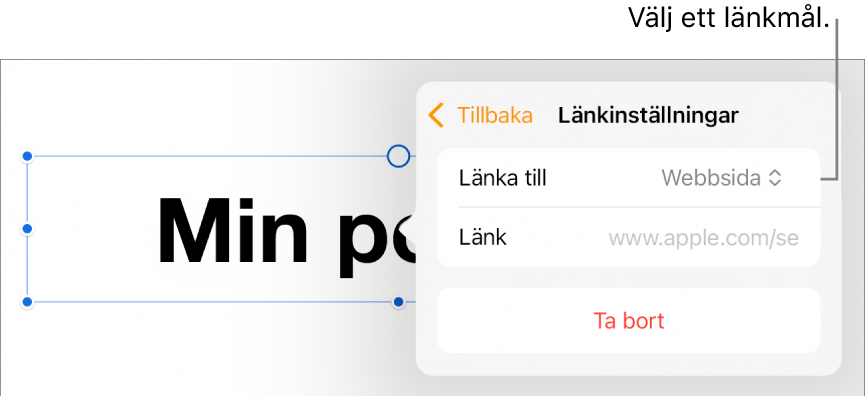 Reglage för länkinställningar med Webbsida markerat och knappen Ta bort längst ned.