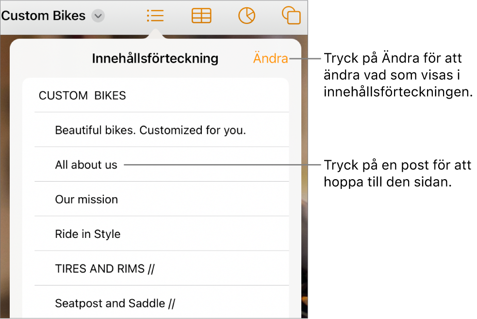 Innehållsförteckningsvyn med poster i en lista. Knappen Ändra finns i det övre högra hörnet av vyn.