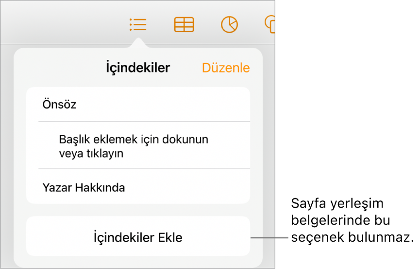 Sağ üst köşedeki Düzenle, içindekiler girişleri ve en altta da İçindekiler Ekle düğmesi ile içindekiler görüntüsü.