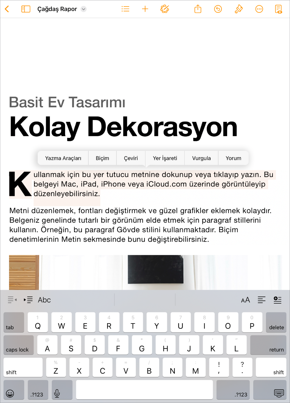 Pages belgesi açık, yer tutucu metin seçili.