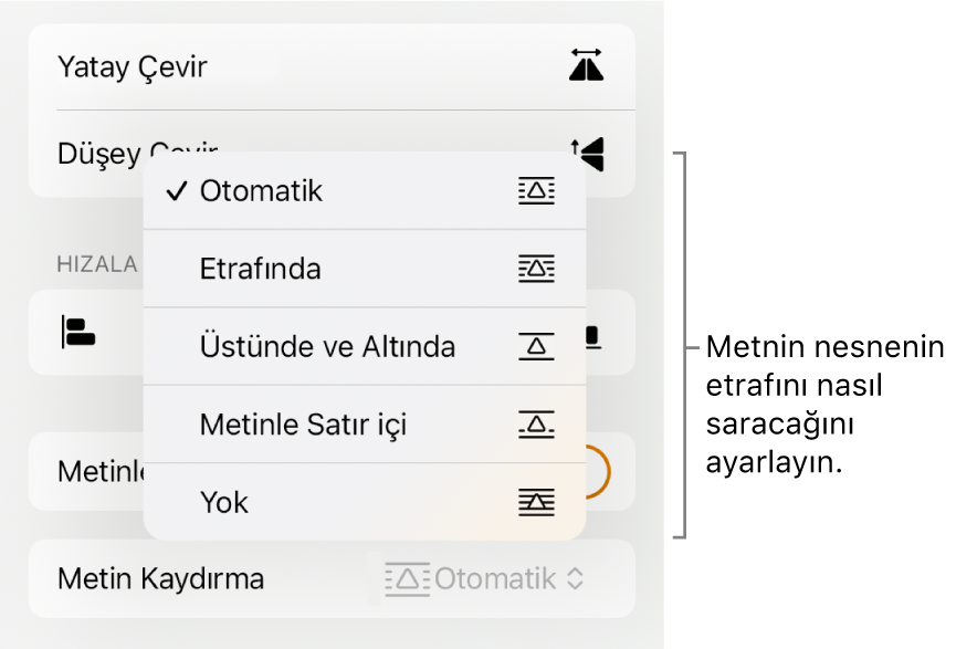 Biçim denetimleri, Yerleştir sekmesi seçili. Altında, Arkaya/Öne Taşı, Metinle Taşı ve Metin Kaydırma’yı içeren Metin Kaydırma denetimleri bulunur.