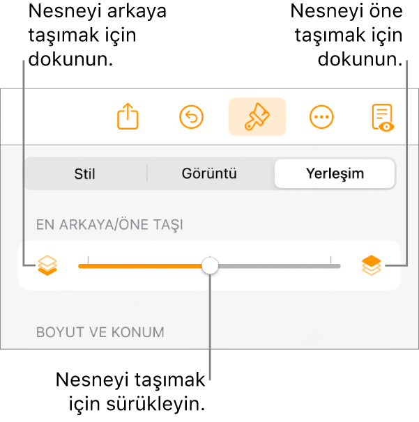 Geri Taşıma düğmesi, İleri Taşıma düğmesi ve katmanlama sürgüsü.