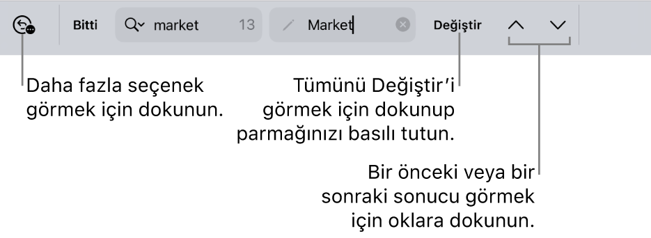 Arama Seçenekleri, Değiştir, Yukarı Git ve Aşağı Git düğmelerine belirtme çizgileriyle klavyenin üst tarafındaki Bul ve Değiştir denetimleri