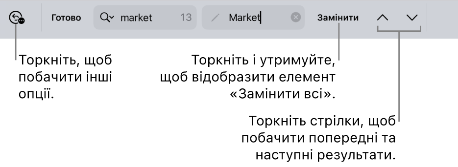 Елементи керування пошуком і заміною над клавіатурою з виносками на кнопки «Опції пошуку», «Замінити», «Перейти вгору» та «Перейти вниз»