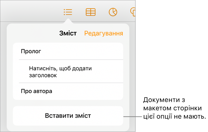 Перегляд змісту з кнопкою «Змінити» у верхньому правому кутку, елементи змісту і кнопка «Вставити зміст» внизу.