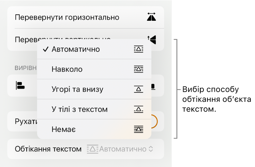 Елементи керування «Формат» і вибрана вкладка «Розміщення». Нижче знаходяться елементи керування обтіканням з опціями «Перемістити наперед/назад», «Перемістити з текстом» та «Обтікання текстом»