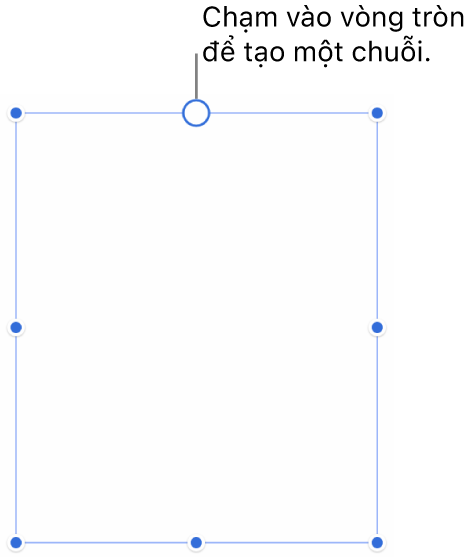 Một hộp văn bản trống với một vòng tròn màu trắng ở đầu và các bộ điều khiển định cỡ lại trên các góc, cạnh và dưới cùng.