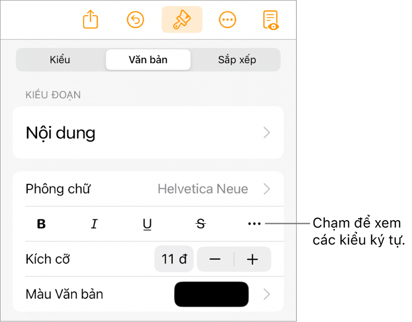 Các điều khiển Định dạng với các kiểu đoạn ở trên cùng, sau đó là các điều khiển Phông chữ. Bên dưới Phông chữ là các nút In đậm, In nghiêng, Gạch chân, Gạch xuyên và Tùy chọn văn bản khác.