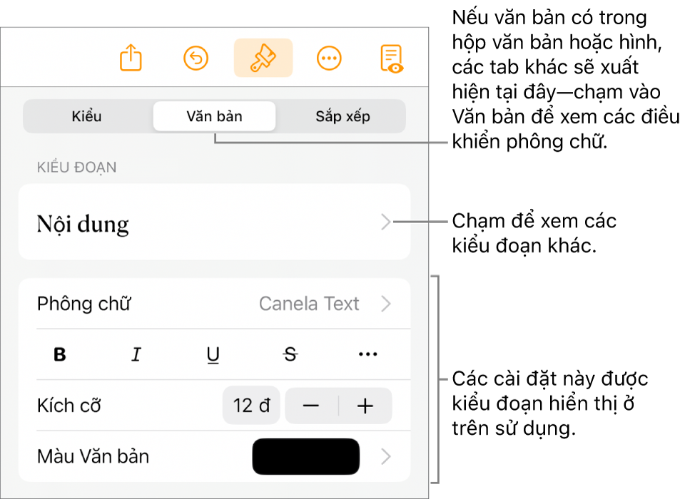 Menu Định dạng đang hiển thị các điều khiển văn bản để đặt kiểu, phông chữ, kích cỡ và màu của đoạn và ký tự.