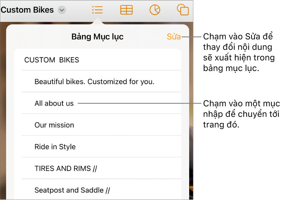 Chế độ xem bảng mục lục với các mục nhập trong danh sách. Nút Sửa ở góc trên cùng bên phải của chế độ xem.