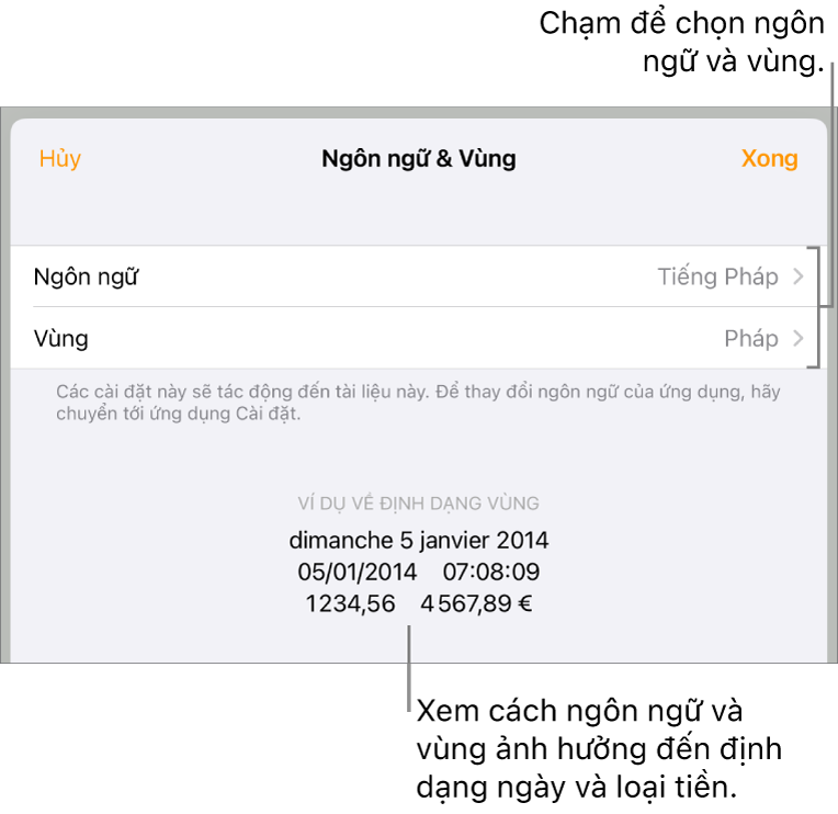 Khung Ngôn ngữ và Vùng với các điều khiển cho ngôn ngữ và vùng và ví dụ về định dạng bao gồm ngày, giờ, phần thập phân và loại tiền.