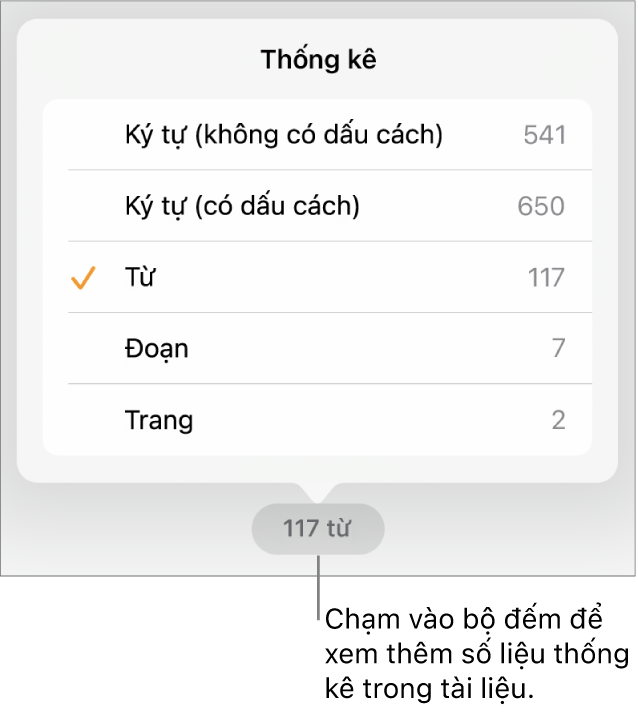 Bộ đếm từ với menu đang hiển thị các tùy chọn để hiển thị số lượng ký tự có và không có dấu cách, số từ, số đoạn và số trang.