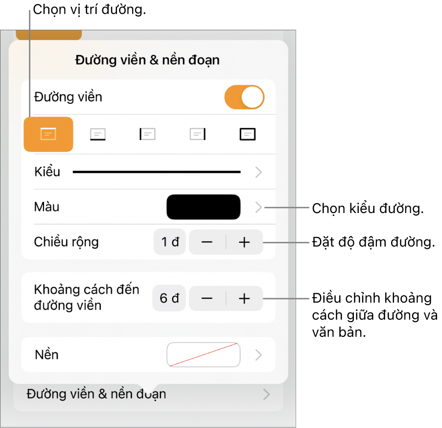 Các điều khiển để thay đổi kiểu đường, độ đậm, vị trí và màu.