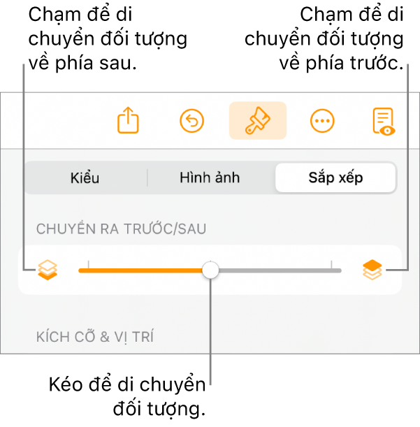 Nút Chuyển ra sau, nút Chuyển ra trước và thanh trượt tạo lớp.