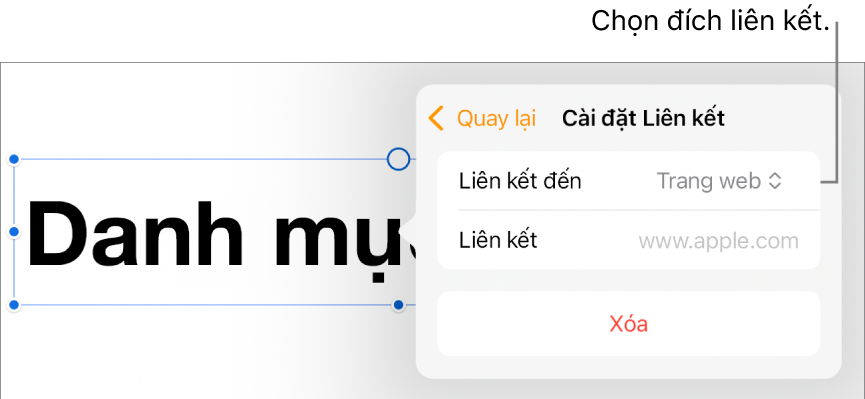 Các điều khiển Cài đặt Liên kết với Trang web được chọn và nút Xóa nằm ở cuối.