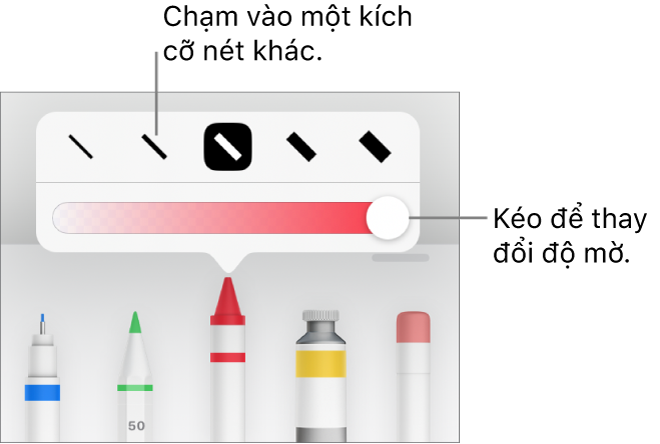 Các điều khiển để chọn một kích cỡ nét và thanh trượt để điều chỉnh độ mờ.