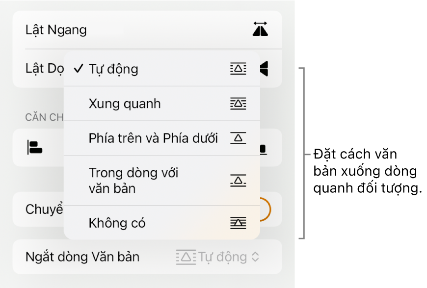 Các điều khiển Định dạng với tab Sắp xếp được chọn. Bên dưới là các điều khiển Ngắt dòng văn bản với Chuyển ra trước/sau, Chuyển với văn bản và Ngắt dòng văn bản.