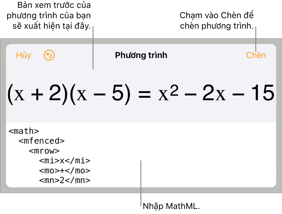 Hộp thoại Phương trình, đang hiển thị phương trình được viết bằng các lệnh MathML và bản xem trước của công thức ở bên trên.