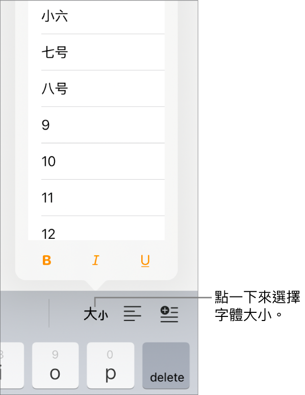 位於 iPad 鍵盤右側的「字體大小」按鈕，已開啟「字體大小」選單。選單最上方會顯示中國大陸政府標準字體大小，下方則顯示點的大小。