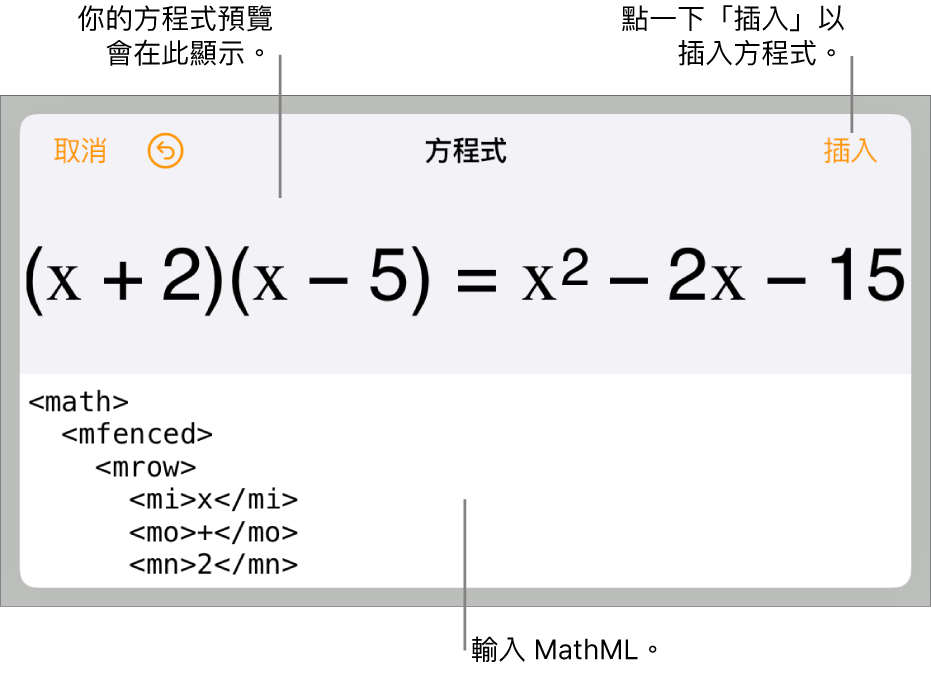 「方程式」對話框，顯示使用 MathML 指令寫入的方程式，上方是公式的預覽。