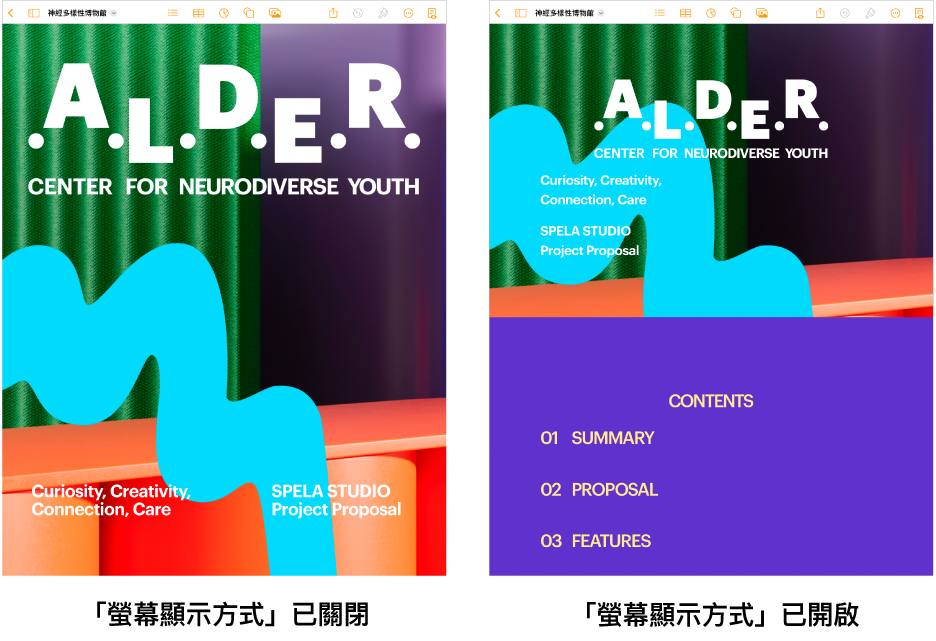 相同的 Pages 文件有兩種顯示方式,一種為開啟「遮罩顯示方式」而另一種為關閉「遮罩顯示方式」。在開啟「螢幕顯示方式」的版本中,文字會調整成符合螢幕的大小,且分頁標記和標頭都會隱藏。