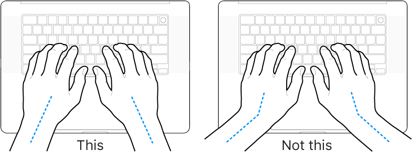 Hands positioned over a keyboard, showing correct and incorrect wrist and hand alignment.